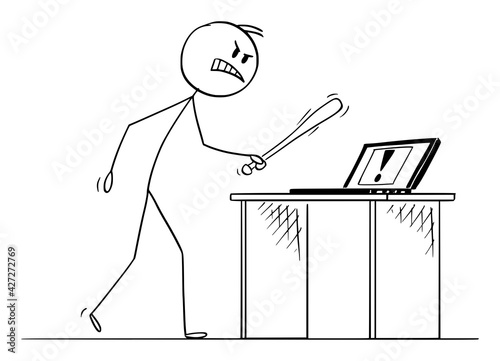 Computer Failure or Error and Angry User with Baseball Bat, Vector Cartoon Stick Figure Illustration