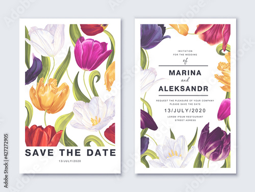 Template for cards, wedding invitations, posters, advertising banners with spring tulip flowers. Realistic, multi-colored, vector hand-drawn flowers, petals and leaves for your design. Place for text
