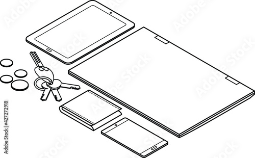 Airport security check: please place laptops, tablets, coins, keys, wallets, and phones into the trays provided.