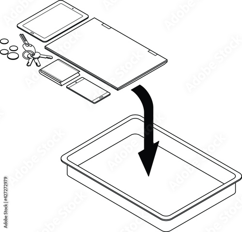 Airport security check: please place laptops, tablets, coins, keys, wallets, and phones into the trays provided.