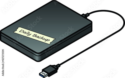 A backup USB hard disk with label showing Daily Backup.