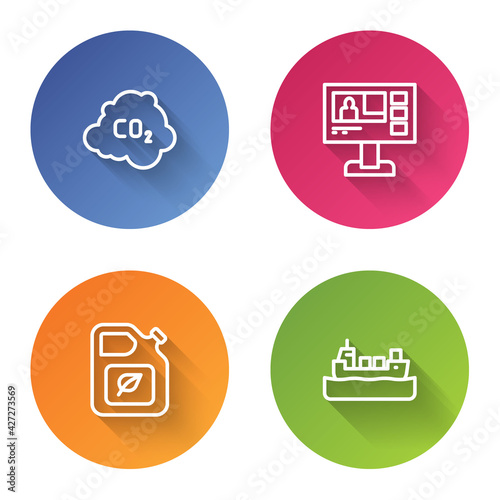 Set line CO2 emissions in cloud, Television report, Bio fuel canister and Oil tanker ship. Color circle button. Vector