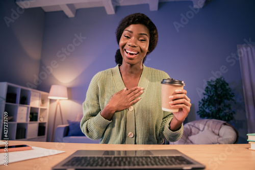 Portrait of beautiful cheerful girl attending video web chat conference contact drinking caffeine laughing in flat house living-room indoor photo