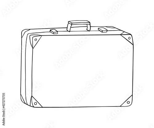 Vintage suitcase. With metal corners for carrying in hand. Contour isolated doodle objects on a white.