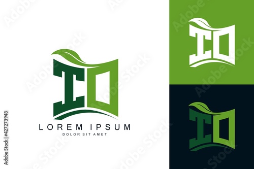 IO logo monogram with green leaf nature organic bio curved shape premium vector design template
