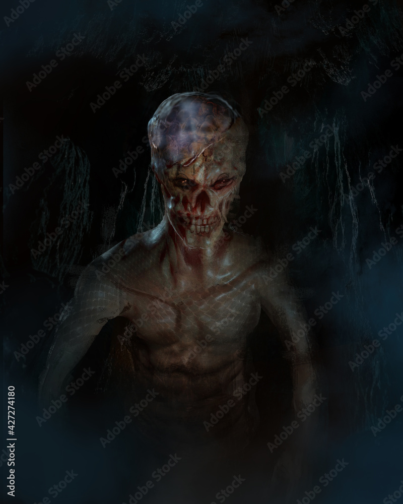 Digital 3d illustration of a demon creature in the underworld with a weak point on his glossy skull - fantasy painting