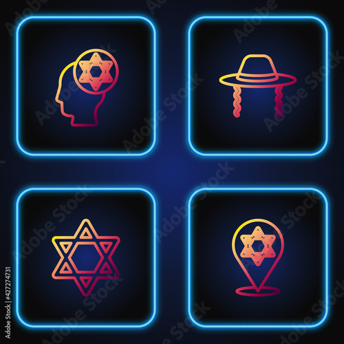 Set line Star of David, , Orthodox jewish hat and . Gradient color icons. Vector