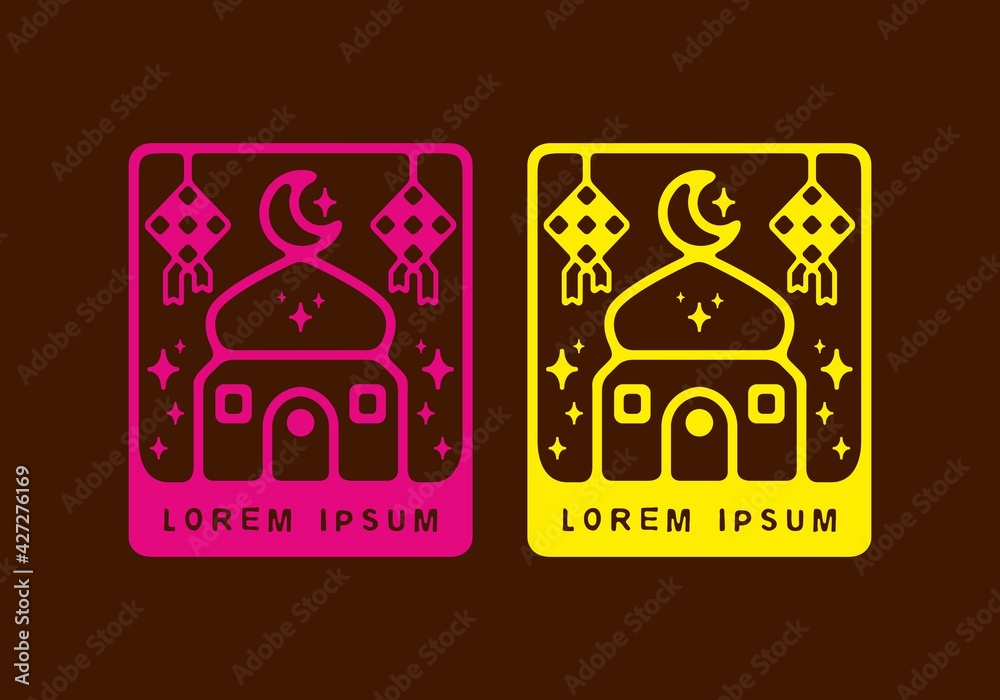 Mosque and ketupat in rectangle shape flat illustration pink and yellow color Mosque and ketupat in rectangle shape flat illustration pink and yellow color