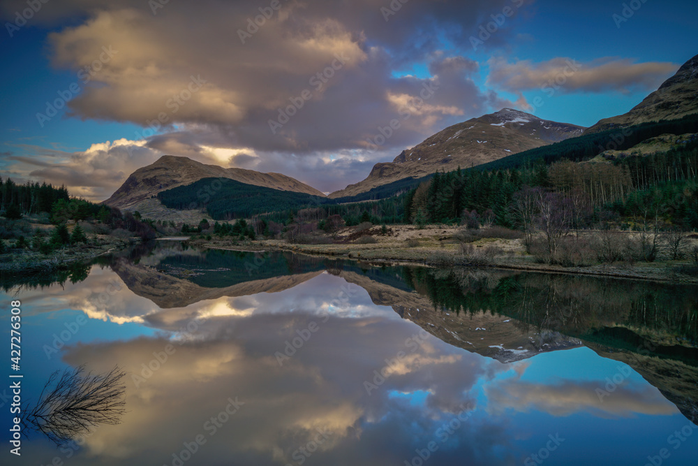 River Lochy with reflections and mountain background. located in thhighlands, Scotland
