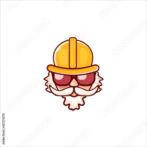 Worker with orange helmet and beard isolated on white background. 1 may Labor day icon or sign with funky man