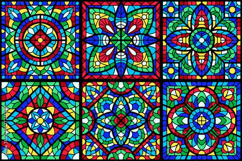 Stained-glass window with colored piece. Decorative mosaic tile pattern.