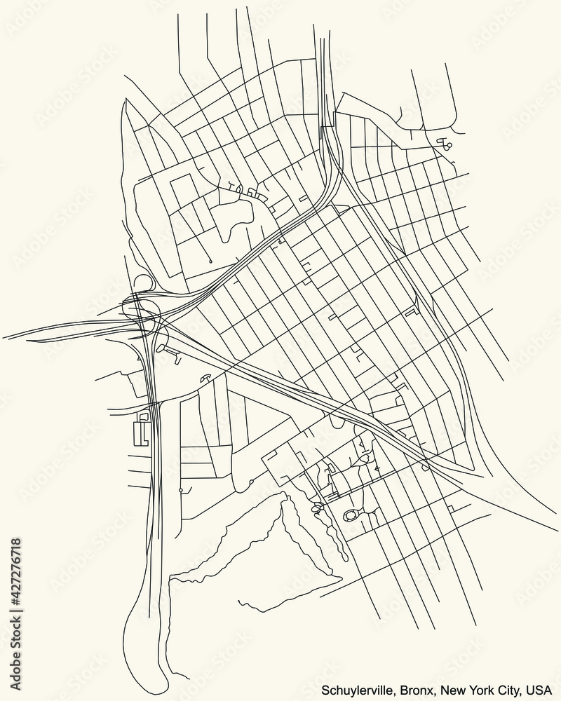 Black simple detailed street roads map on vintage beige background of the quarter Schuylerville neighborhood of the Bronx borough of New York City, USA