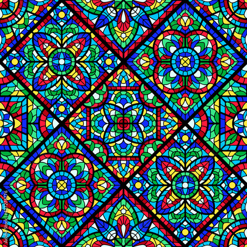 Stained-glass window with colored piece. Decorative mosaic tile pattern.