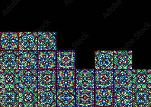 Stained-glass window with colored piece. Decorative mosaic tile pattern.