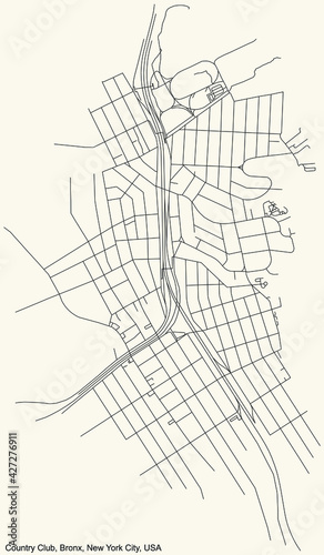 Black simple detailed street roads map on vintage beige background of the quarter Country Club neighborhood of the Bronx borough of New York City  USA