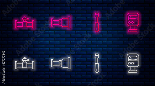 Set line Pipe adapter, Screwdriver, Industry pipe and valve and Pressure water meter. Glowing neon icon on brick wall. Vector