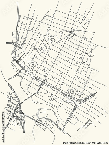 Black simple detailed street roads map on vintage beige background of the quarter Mott Haven neighborhood of the Bronx borough of New York City, USA photo