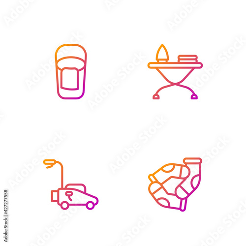 Set line Socks, Lawn mower, Bucket with rag and Iron and ironing board. Gradient color icons. Vector