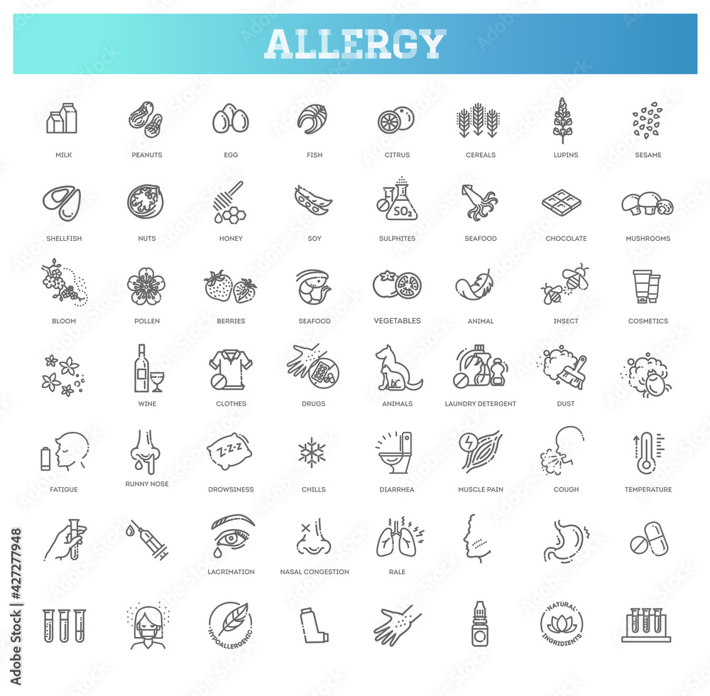 Fototapeta Vector set line icons of allergy. Food and Pollen