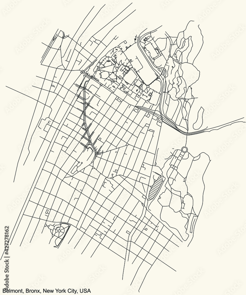 Black simple detailed street roads map on vintage beige background of the quarter Belmont neighborhood of the Bronx borough of New York City, USA