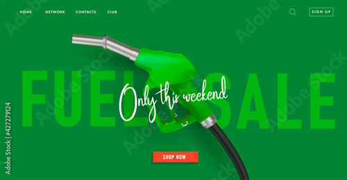 Web banner with green fuel or gas nozzle on green background with big typography and shop now button, modern 3d graphic for landing page