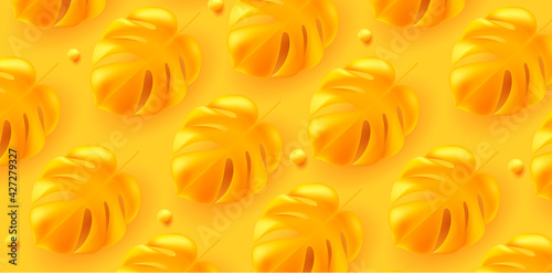 Yellow bright background with mono color yellow tropical large 3d leaves pattern, mesh gradient graphics