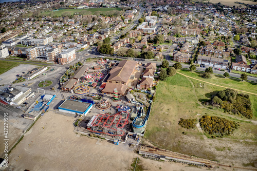 Hayling Island South Beach aerial with the Amusement Park and the popular holiday destination in Southern England Aerial Image.