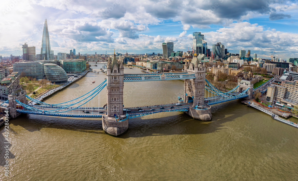 Elevated view to the Tower Bridge of London, United Kingdom, during a sunny day