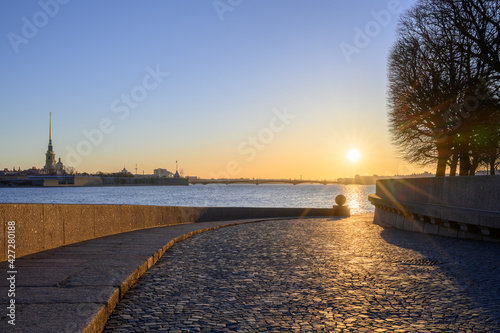 Sunset on Neva River. Saint-Petrsburg, Russia.