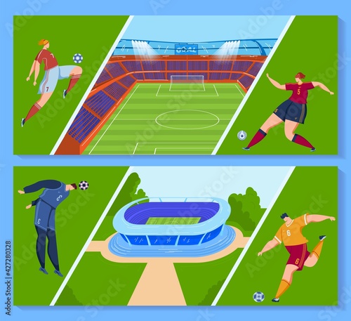 Football players, soccer ball, character team, man form game, athlete stadium, design, cartoon style vector illustration.