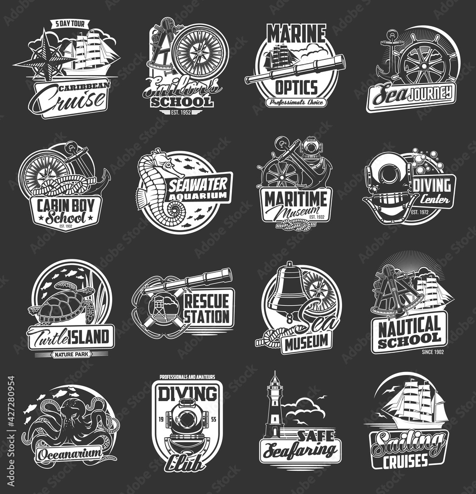Nautical anchor, lighthouse and sea ship, vector marine icons. Aqualung diving center, seawater aquarium, maritime museum and turtle island nature park, sailor school and Caribbean cruise Nautical anchor, lighthouse and sea ship, vector marine icons. Aqualung diving center, seawater aquarium, maritime museum and turtle island nature park, sailor school and Caribbean cruise