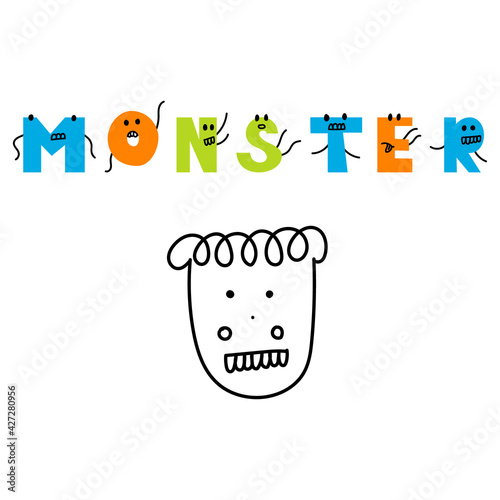 Monster lettering with live colorful cartoon letters in the form of monsters. Drawing a line of a toothy monster in the doodle style. Hand-drawn illustration isolated on a white background.