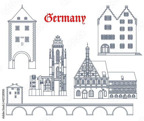 Germany travel landmarks vector icons, German cities buildings of Bavaria and Hessen. Germany landmarks of Forchheim rathaus, Oppenheim Gautor monument, Wetzlar cathedral and Limburg old bridge