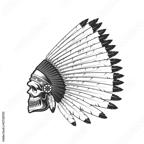 Indian chief skull tattoo, American native warrior head in feather headdress hat. Native American Indian Apache or Cherokee tribe chief skull in plumage headwear, skeleton profile