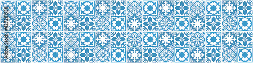 Seamless blue white vintage retro geometric square mosaic flower leaf ornate motif cement tiles wall texture background banner panorama