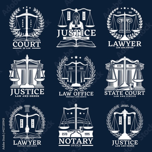 Notarial office, notary and lawyer service vector icons with scales, laurel wreaths, judge hammer and court buildings. Law and order protect, notarization, wills execution or regulation isolated set