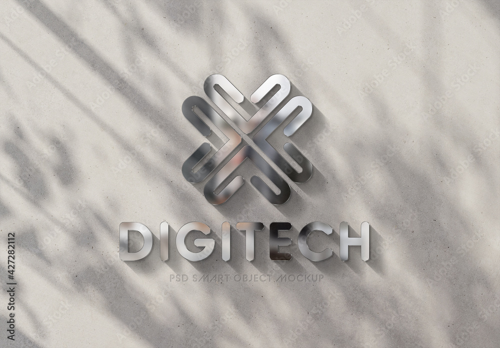 Logo Mockup on Sunny Wall with 3D Glossy Metal Effect Stock Template ...