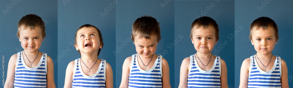 Childhood and people concept-set of lovely little preschool boys 5 images of different baby emotions, selective focus