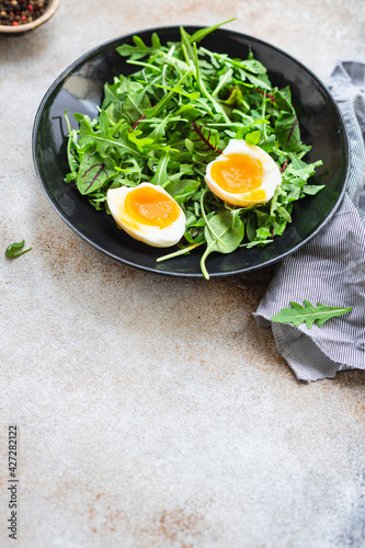 fresh salad egg lettuce leaves mix arugula, chard healthy meal copy space food background. top view diet vegan or vegetarian food
