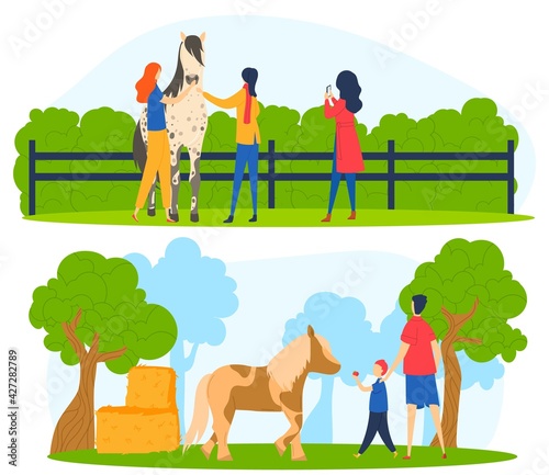 Horse people, walk for walk animal, man vigorous activity, rider pet, beautiful view, design, in cartoon style vector illustration