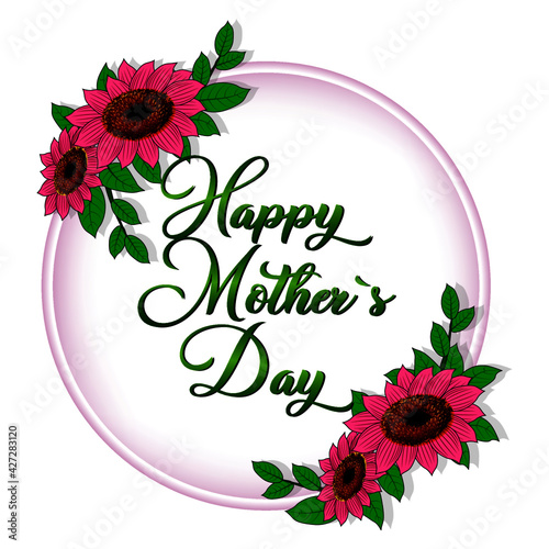 Mothers day pink circular floral border with green leaves