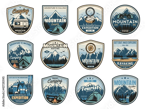 Mountain camping expedition, travel adventure icons and nature tourism badges, vector. Outdoor camp travel, mountaineering, climbing, rafting and kayaking, trekking and hiking tourist expedition