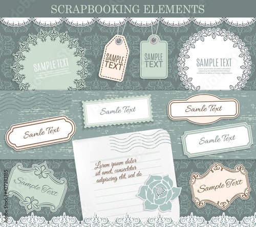 Scrapbooking elements, vector paper stickers. Design elements for scrapbook decoration on background with retro flourishes and borders, tags and labels for text and notes or messages in vintage style