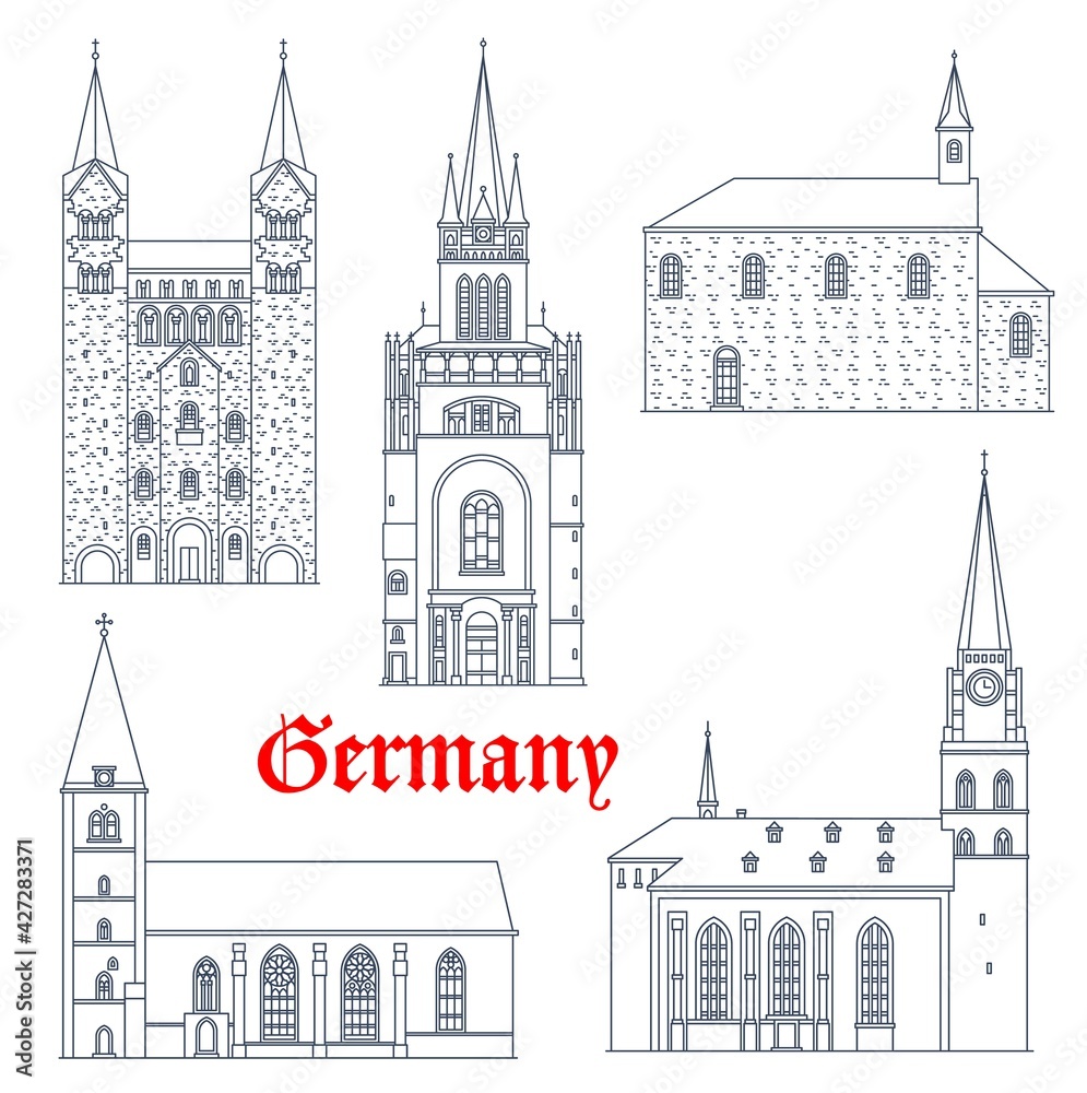 Germany travel landmarks, gothic castles and cathedrals vector icons, Germany buildings. St Maria church in Lemgo and Bielfeld, Hoxter Corvey Abbey, Saint Nikolai chapel in Soest and Pfalz in Aachen