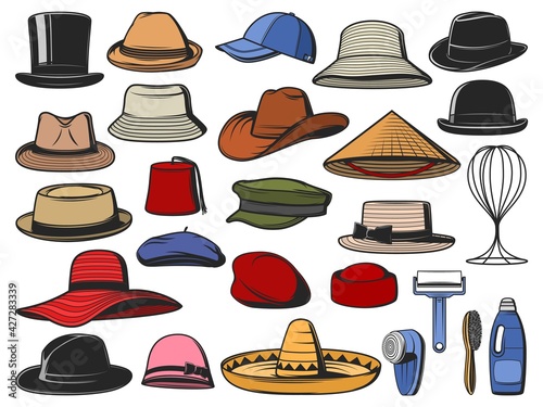 Hats and caps vector. Man and woman headwear icons. Cowboy, Asian straw and cylinder hats, beret, bowler, fedora and beanie, baseball cap, sombrero, cloche, panama and pillbox headdress