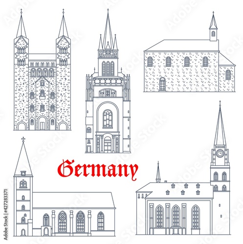 Germany travel landmarks, gothic castles and cathedrals vector icons, Germany buildings. St Maria church in Lemgo and Bielfeld, Hoxter Corvey Abbey, Saint Nikolai chapel in Soest and Pfalz in Aachen
