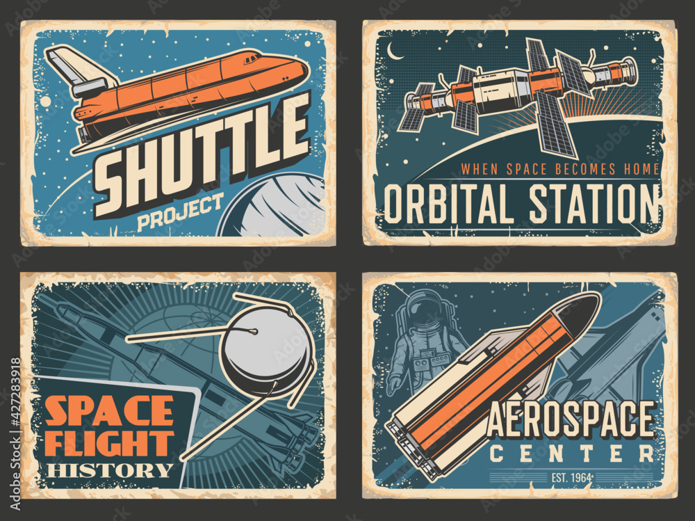 Space retro posters, orbital station and shuttle rocket launch project ...