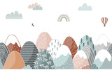 Seamless pattern with doodle mountains in Scandinavian style. Decorative landscape border background. Cute hand drawn ornament