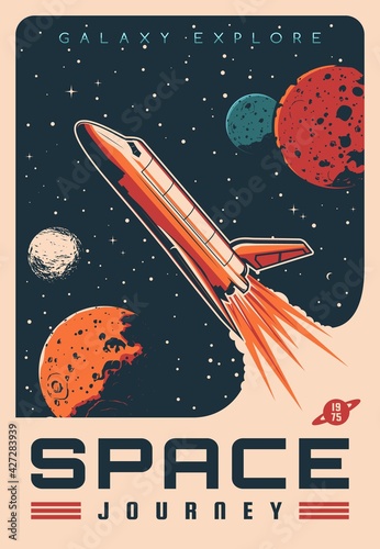 Valokuva Space journey with shuttle spaceship retro vector banner