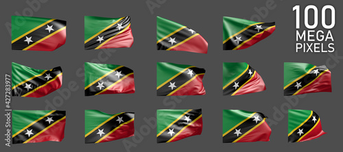 Saint Kitts and Nevis flag isolated - various images of the waving flag on grey background - object 3D illustration